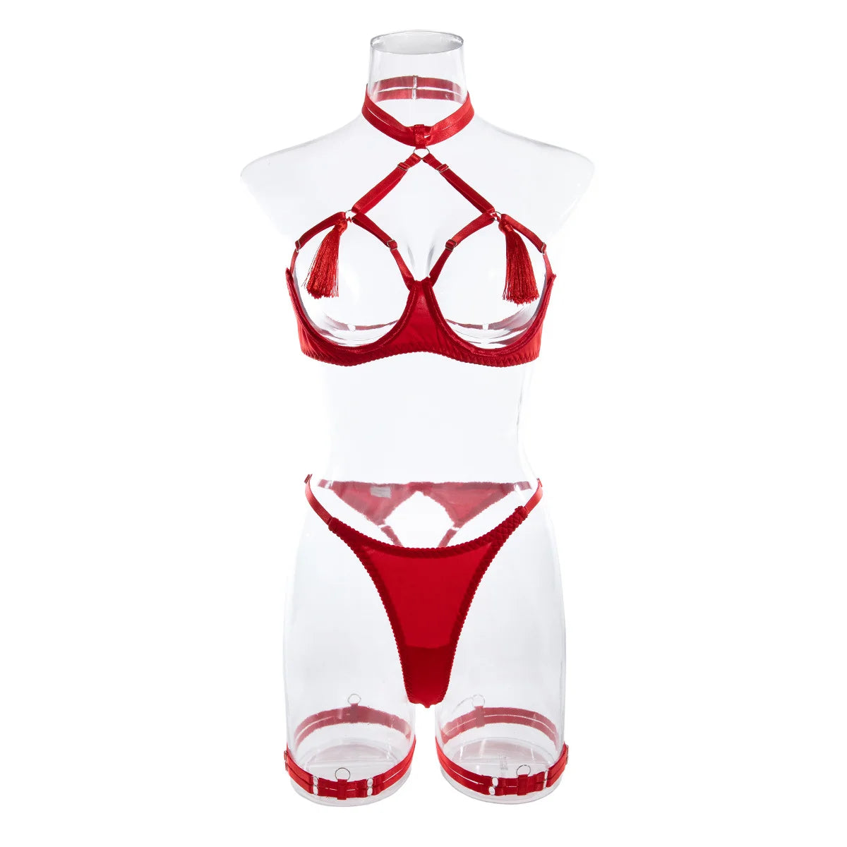 Tassel Lingerie Set Women Halter Cut Out Sexy Intimate Naked Crotchless Panties Exotic Sets Open Bra Back Open Brief Kit