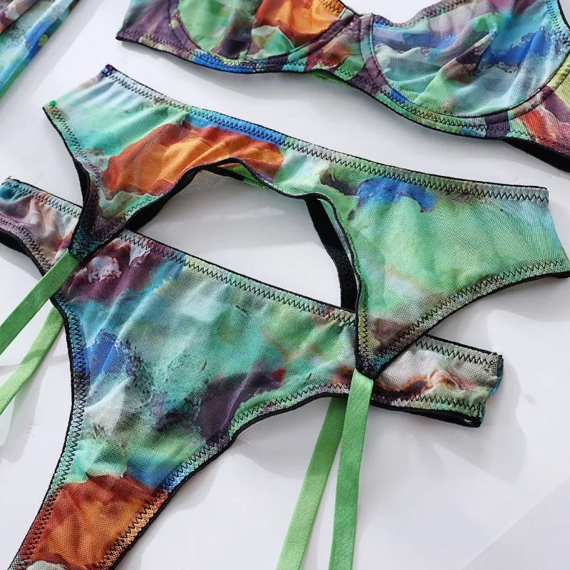 5 Pieces Lingerie Set Women Nightwear tie-dye Printed Halloween Underwear Bras Panties Golves Stocking Erotic Laungerie Set