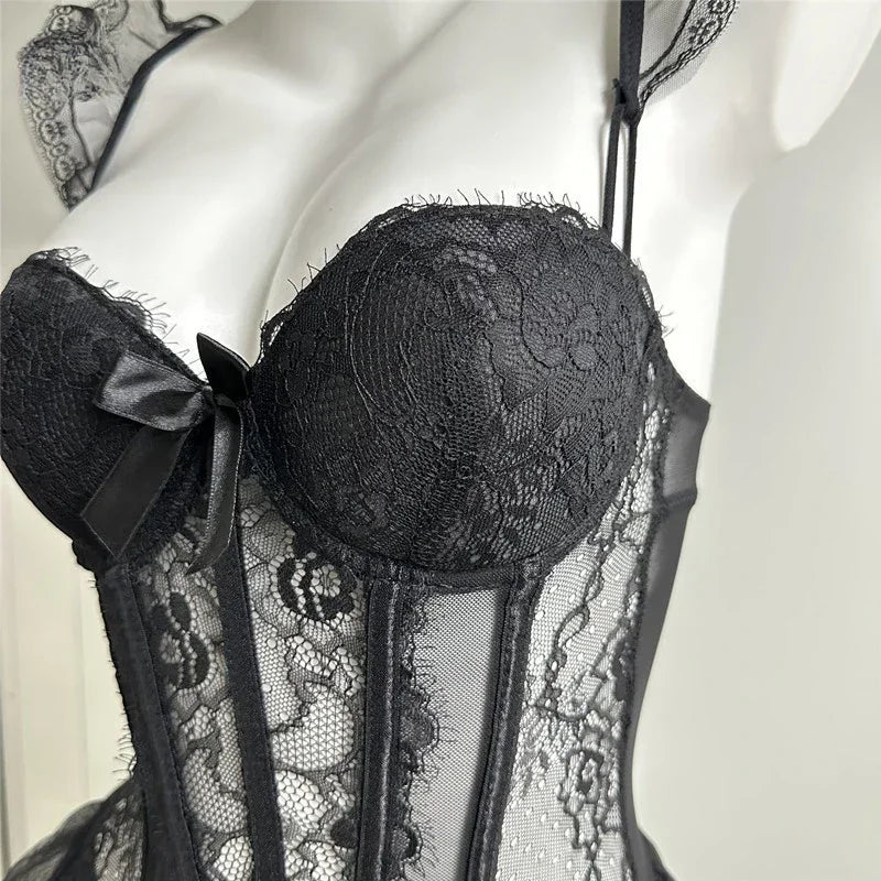 Erotic Lingerie Ladies Sexy French Lace Corset New Bodysuit Gathered Elasticity Women Push Up Mesh Material Bustier Underwear