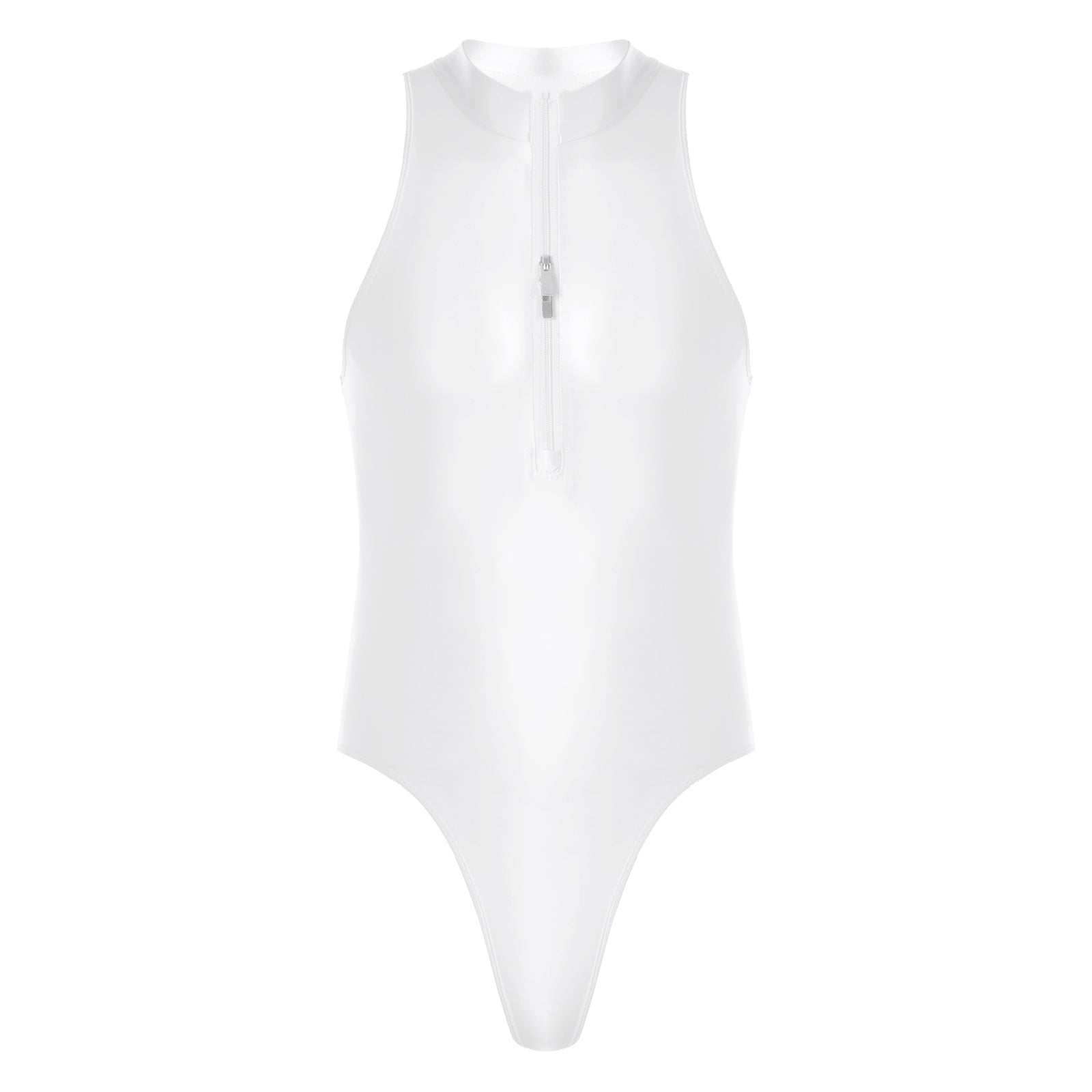 One-Piece Men's Swimsuit Glossy Sleeveless Bodysuit Swimwear Solid Color Front Leotard Hommes Bathing Suits Party Clubwear