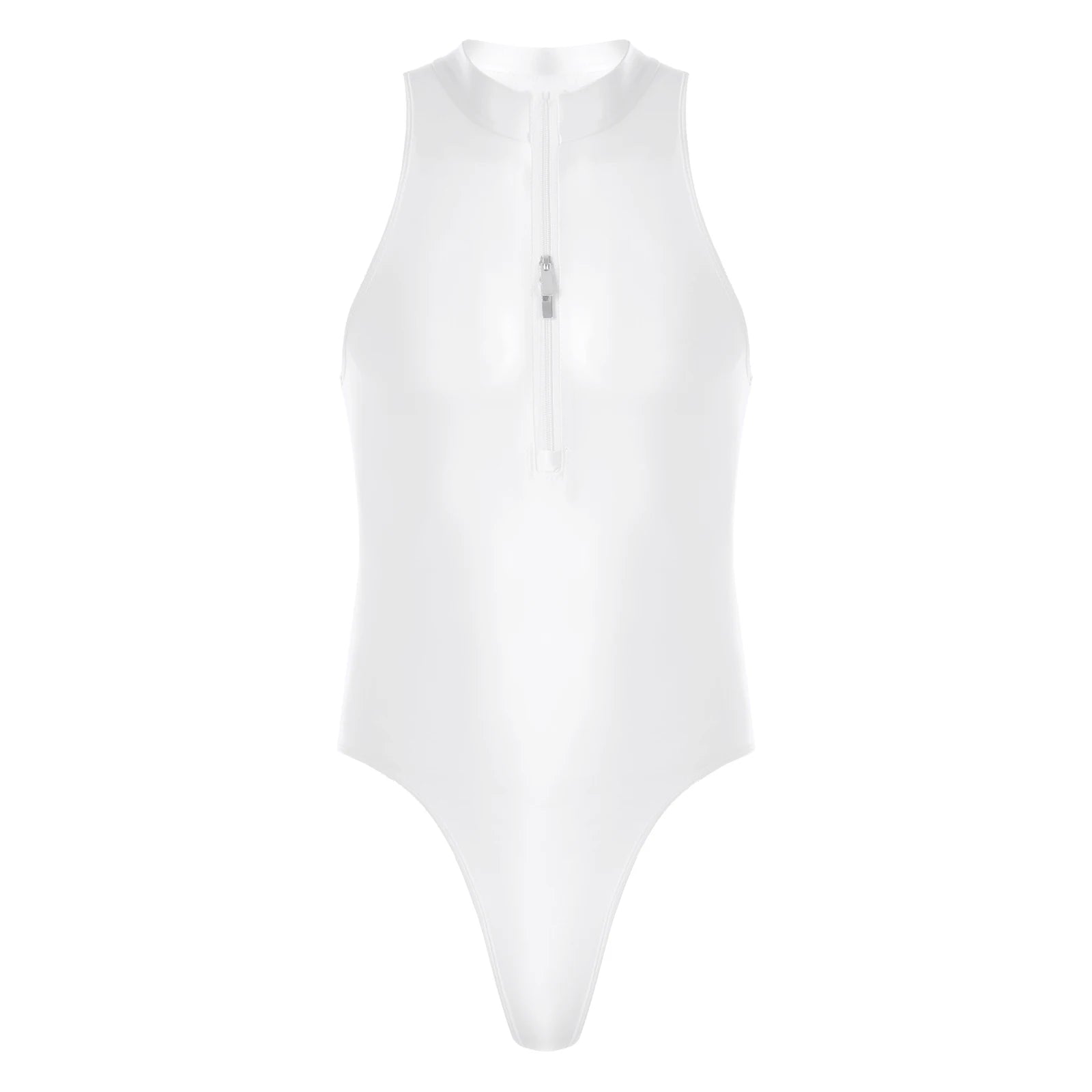 One-Piece Men's Swimsuit Glossy Sleeveless Bodysuit Swimwear Solid Color Front Leotard Hommes Bathing Suits Party Clubwear