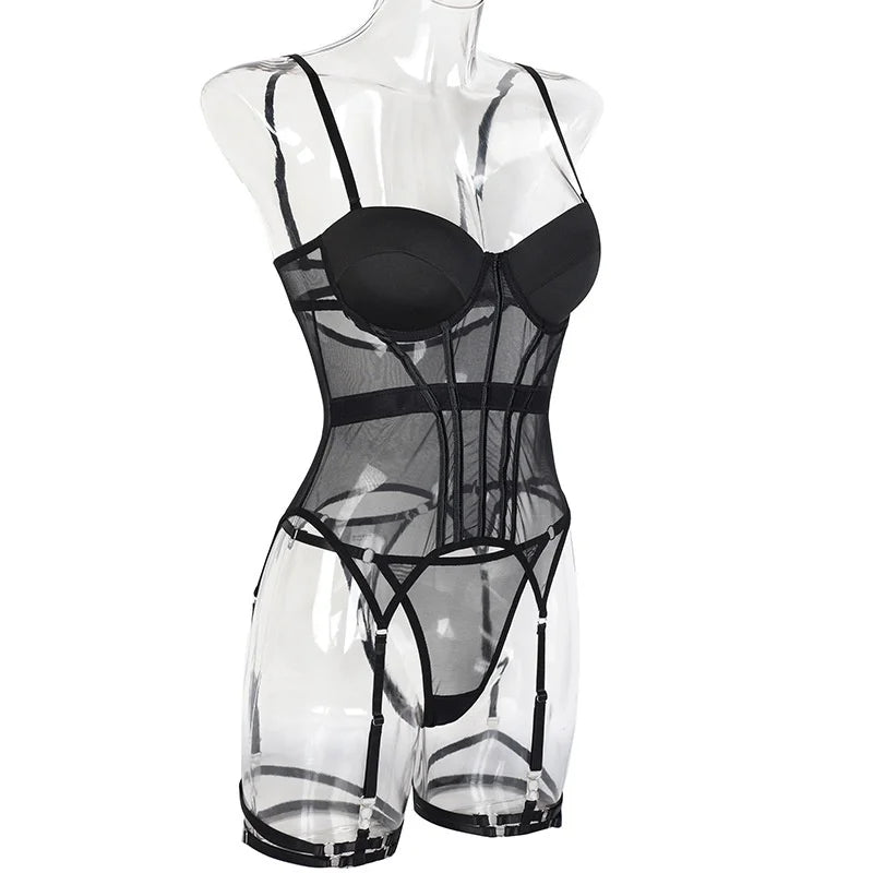 Sexy Lingerie Luxury Brand Bodysuit Backless Tops For Women 3 Piece Lingerie Set With Garter Sexydresses For Women