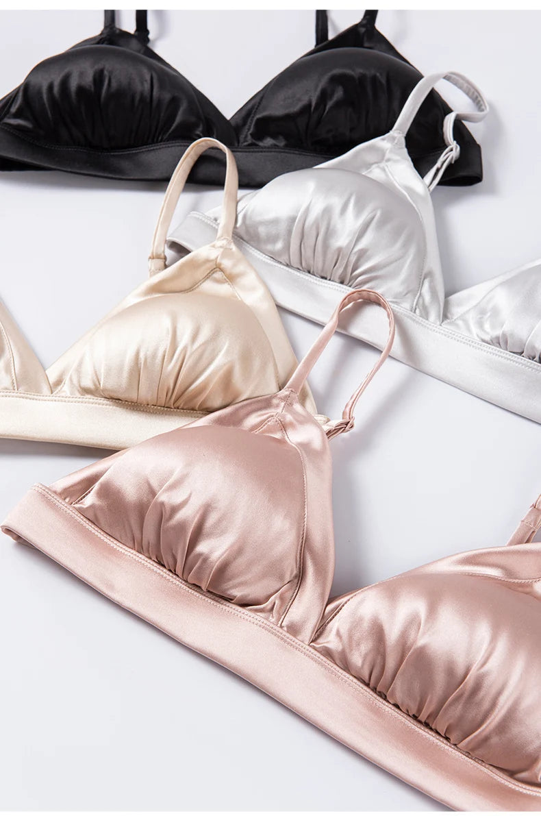 Women Silk Bra 93.8% Mulberry Silk 6.2% Spandex 3/4 Cups Everyday Wear Thin Bra Lining Wire Free Solid Colors Intimates TG223