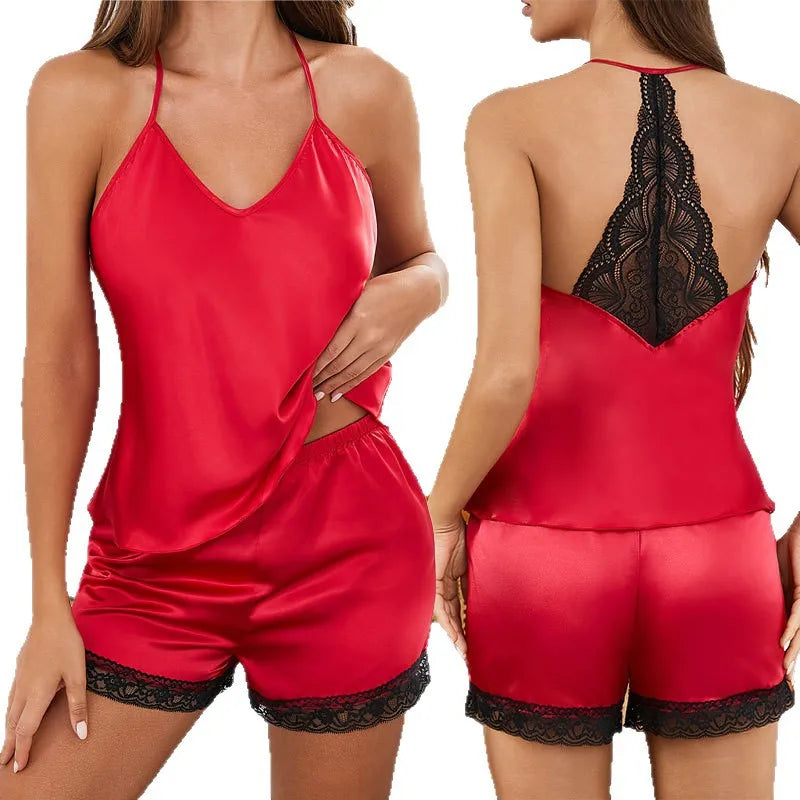 Lingerie, sexy lace, home wear, halter shorts, set, ice silk pajamas, ladies