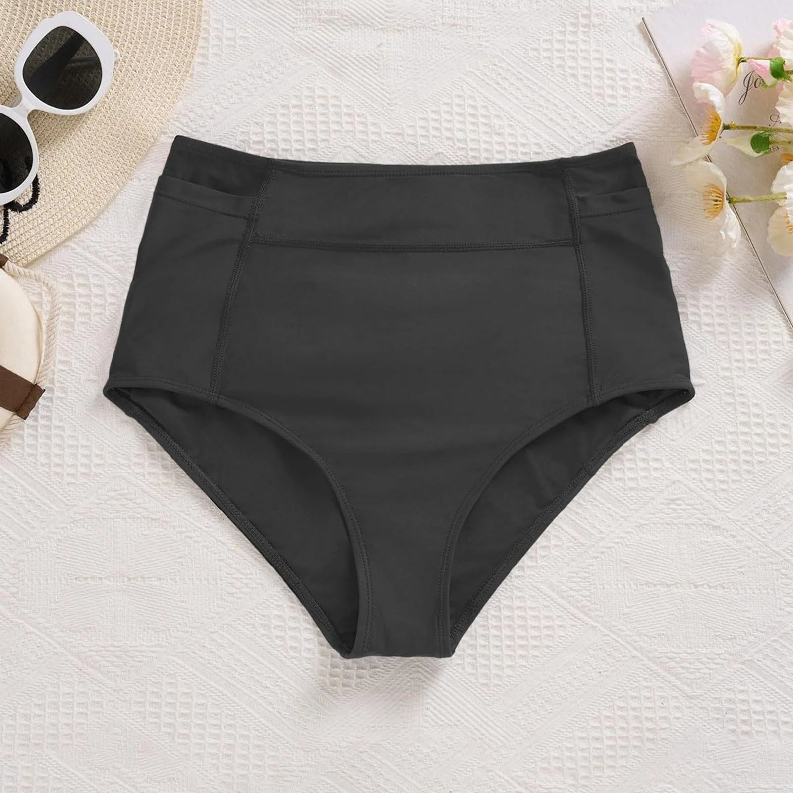Women's High Waist Swimming Bottoms, Vintage Basic Bikini, Full Coverage Split Swimsuit Briefs, Swimming Trunk with Pockets
