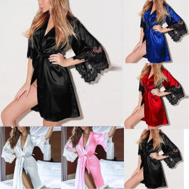 Female Sexy Lingerie Silky Satin Sleepwear Women Night Gown Robe with G String Floral Lace Bathrobe Halt Sleeve Nightdress