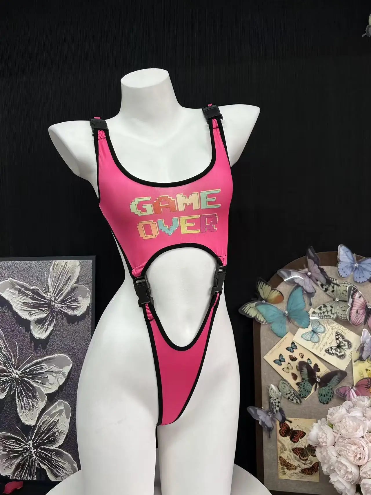Sexy Lingerie Bodysuit Gaming Girl Sexy Sweet Girl Pure Desire Temptation High Elastic Print High-Cut Bikini Three-Point