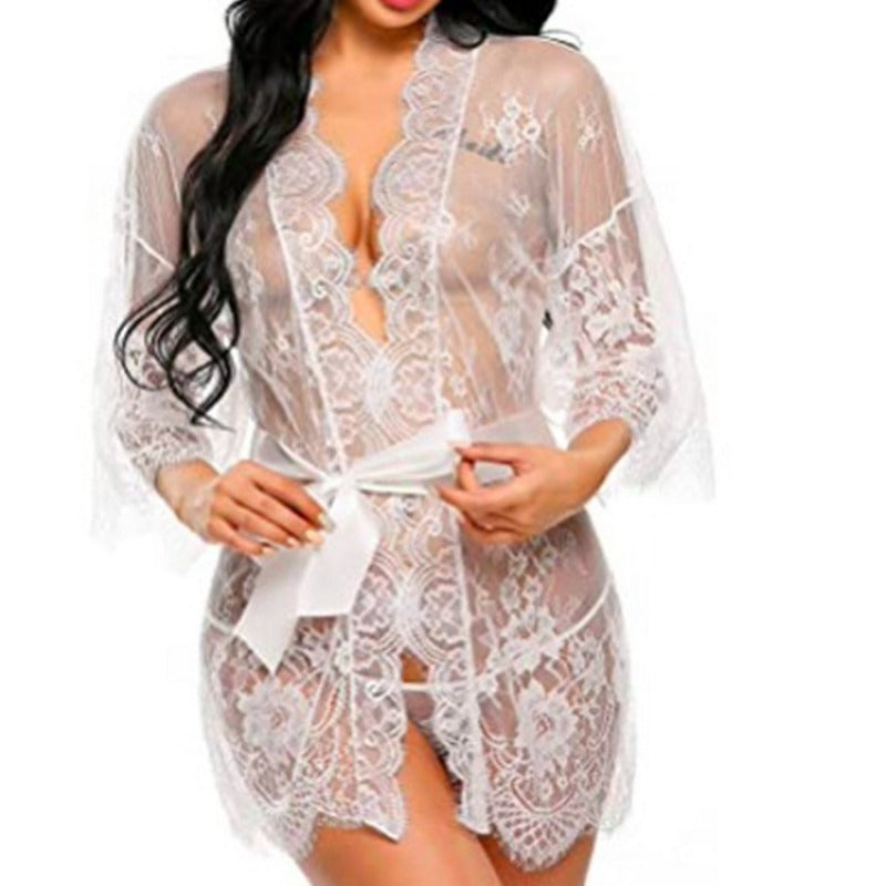 Plus Size Women Sexy Lingerie Robe  Porno Sleepwear Nightgown Lace See Through Dress Transparent Babydoll Erotic Nightwear Set