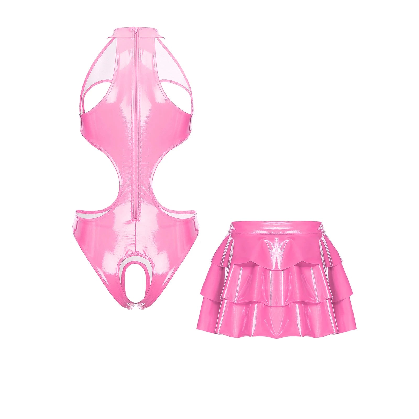 Womens Lingerie Set Bare Breast Open Crotch Bodysuit Ruffled Hem A-line Miniskirt with Wet Look Clubwear Pu Leather Rave Outfits