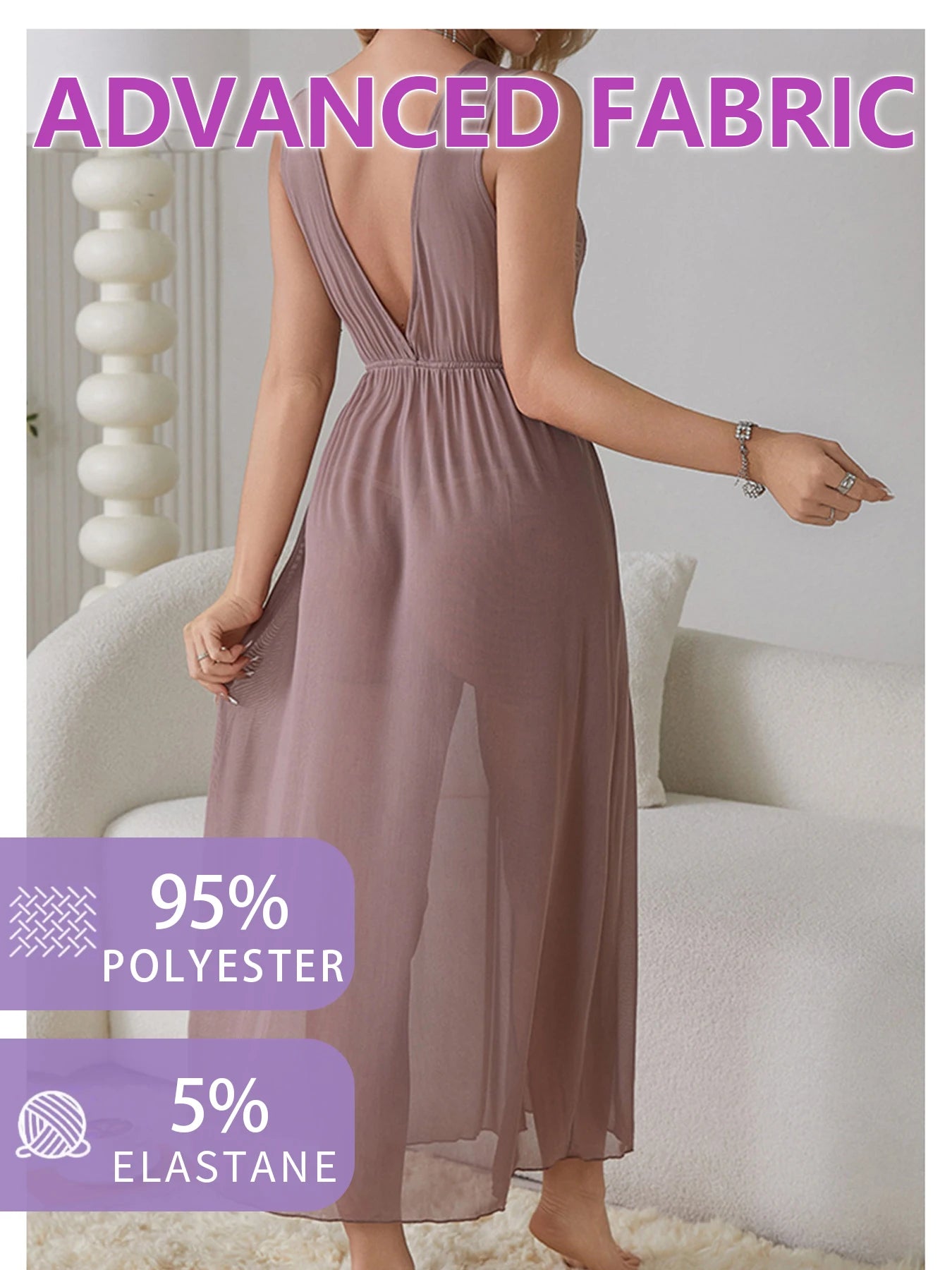 Sexy Women Lingerie Dress Set Lace Splicing Mesh Long Deep V Backless Nightgown Set Homewear All Season