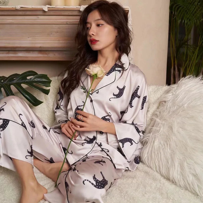 Satin Pajamas Set Spring Summer Home Suit with Pant Women's Print Pijama Suit Silk Pijama Set Sleepwear for Female Pyjamas