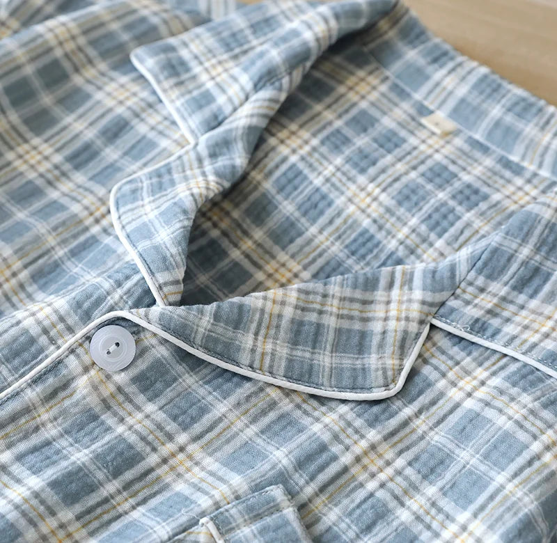 Men's 2-Piece Pajama Set - Japanese Plaid Sleepwear, Cotton Gauze Short Sleeve & Shorts, Lightweight & Breathable Relaxed Fit, S