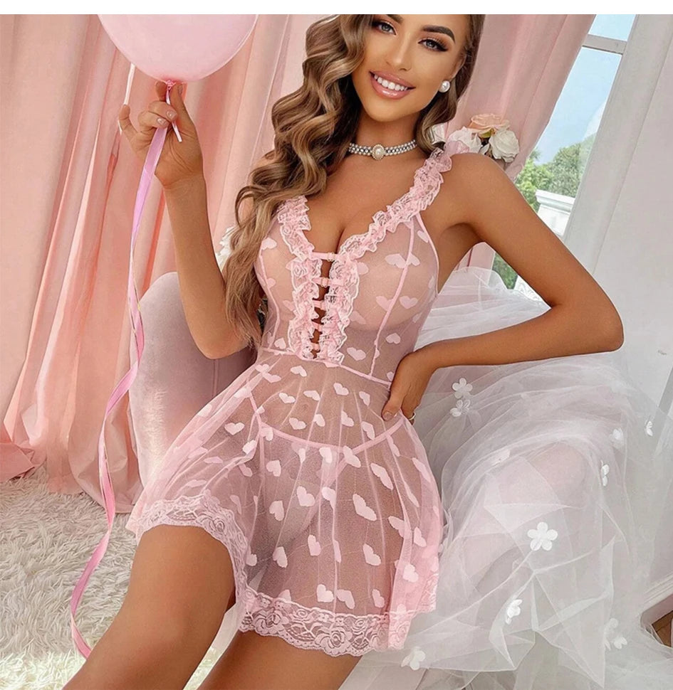 Romantic Lace Sexy Lingerie Babydoll Nightgown for Women with Ruffles Hollow Open Bra Design Love Sex Theme Seductive Erotic Cos