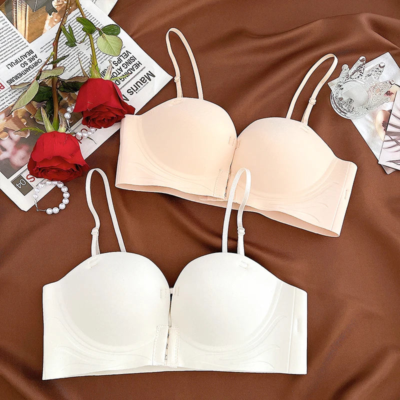 Front Closure Push Up Bras Women's Sexy Seamless Plunge No Steel Brassiere Thick Female Underwear Solid Color Invisible Lingerie