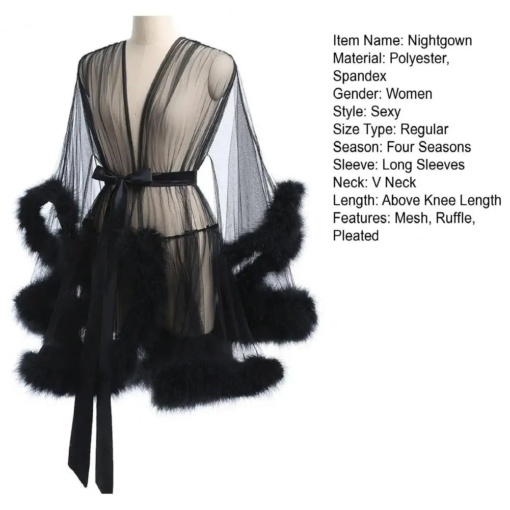 Female Sheer Shapewear Robes Fashoin Long Sleeve Plush Spliced Thin Lingerie Women Lace Up Erotic Midi Long Sexy Robes
