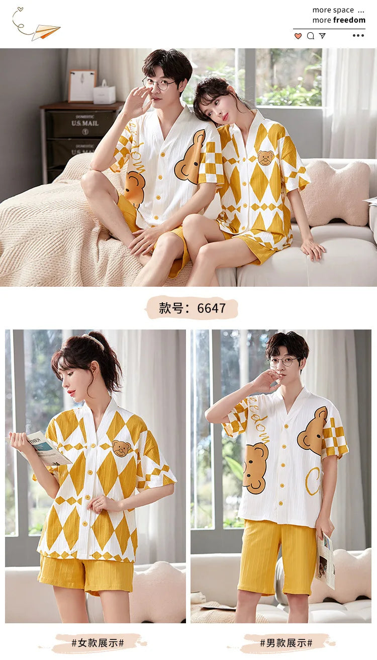 Summer Couple Pajamas Sets Cartoon Men Sleepwear Leisure Cotton Short Sleeve Women Kimono Homewear pijama Homme Mujer Dropship