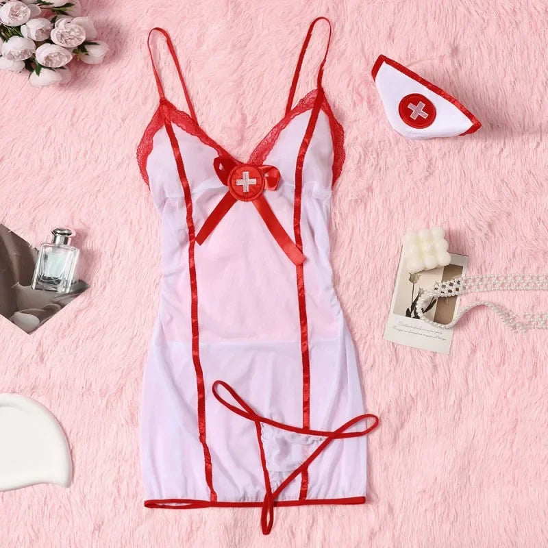 2027 Erotic Nurse Lingerie Set: See-Through Lace Bra, Panty & Garter Costume - Unleash Your Naughty Side