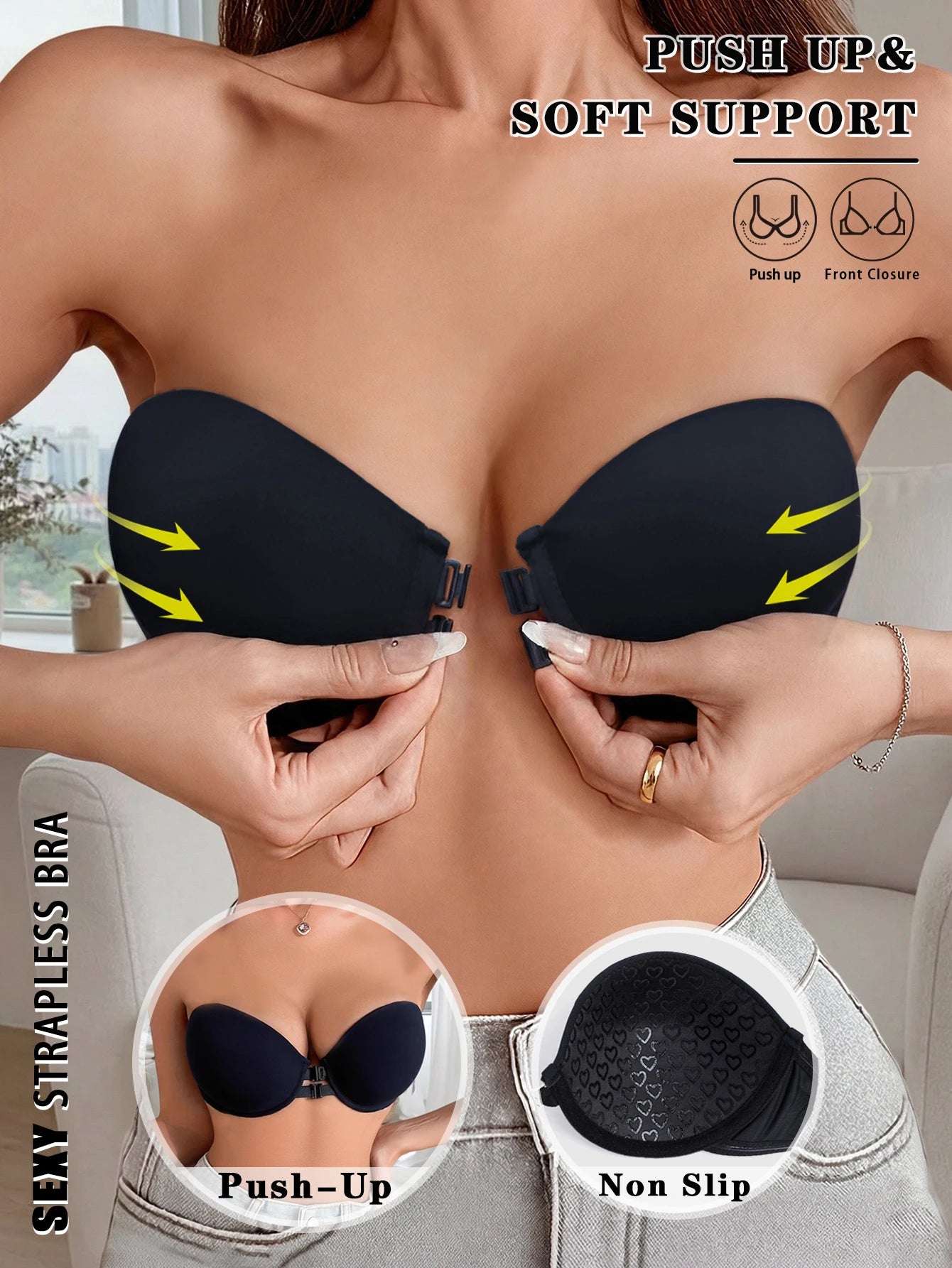 Strapless Bra Front Closure Push Up Bras For Women Heart Pattern Cup Backless Invisible Strapless Underwear Sexy Lingerie
