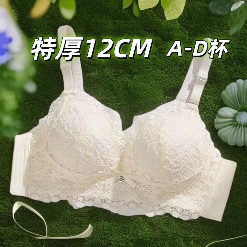 Lace Bra for Small Bust 12cm Extra Thick Push-Up Padding Wireless Support Side Coverage for Lift Shaping Anti-Sagging Comfort