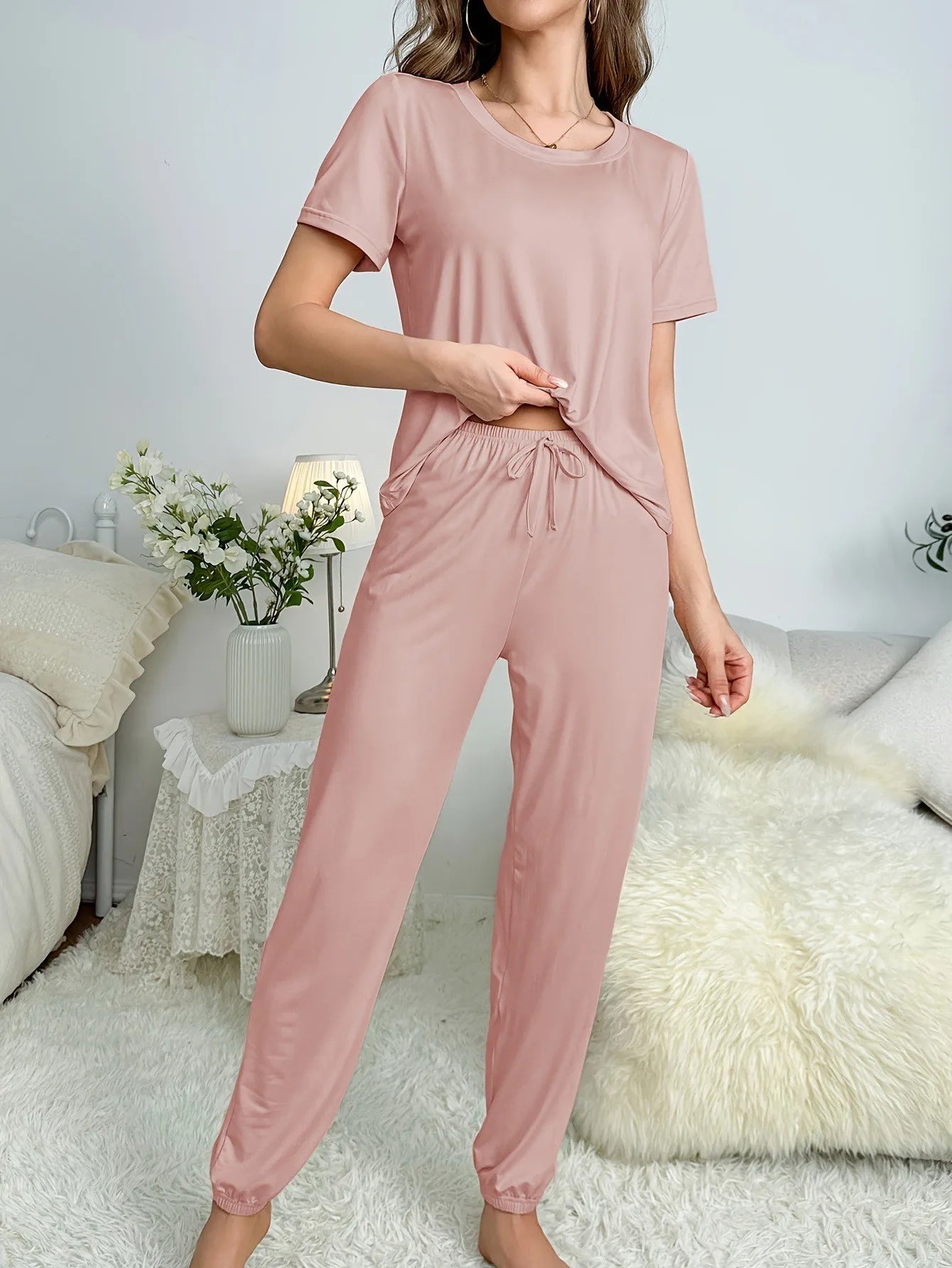 Women's Pajamas Set Solid Color Short Sleeve O Neck T-Shirt+Trousers 2 Pieces Suit Sleepwear Soft Loose Pijama Female Loungewear