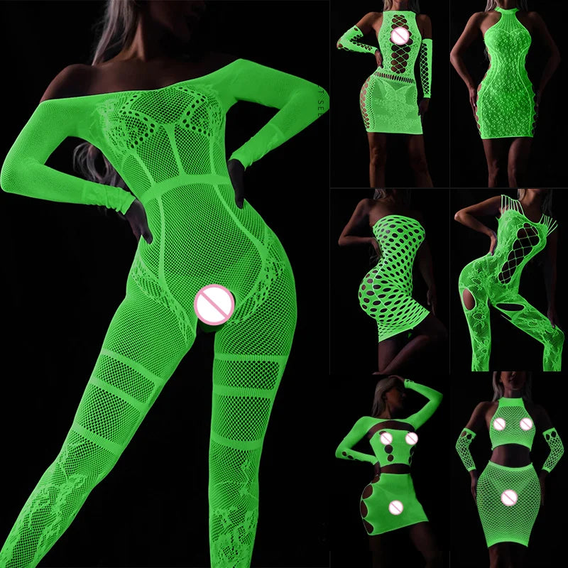 Sexy Hollow Out Luminous Bodysuit Sexy Lingerie See Through One-piece Luminous Suspenders Mesh Clothes Fishnet Socks Dress
