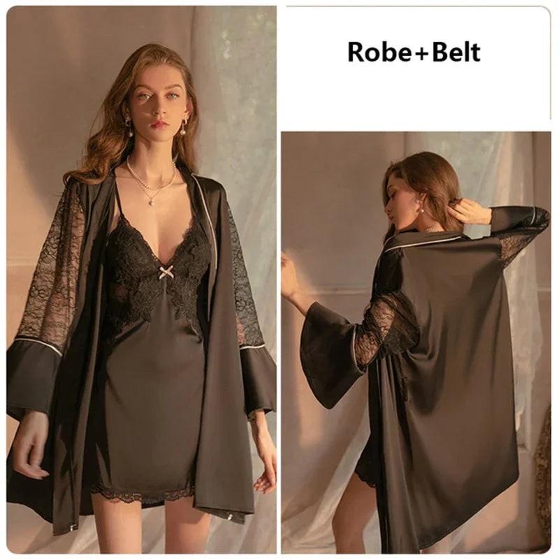 Women Sexy Lace Night Dress Sleepwear Robe Sets Lingerie Bridesmaid Gift Bathrobe Party Pajamas Nightgown Dressing Home Suit