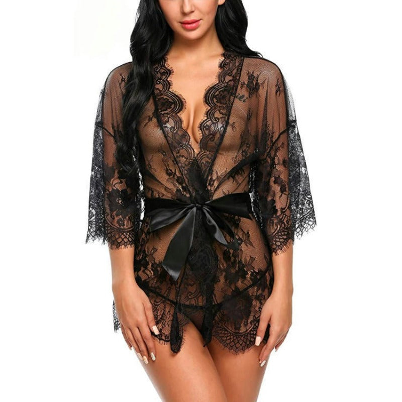 Plus Size Women Sexy Lingerie Robe  Porno Sleepwear Nightgown Lace See Through Dress Transparent Babydoll Erotic Nightwear Set