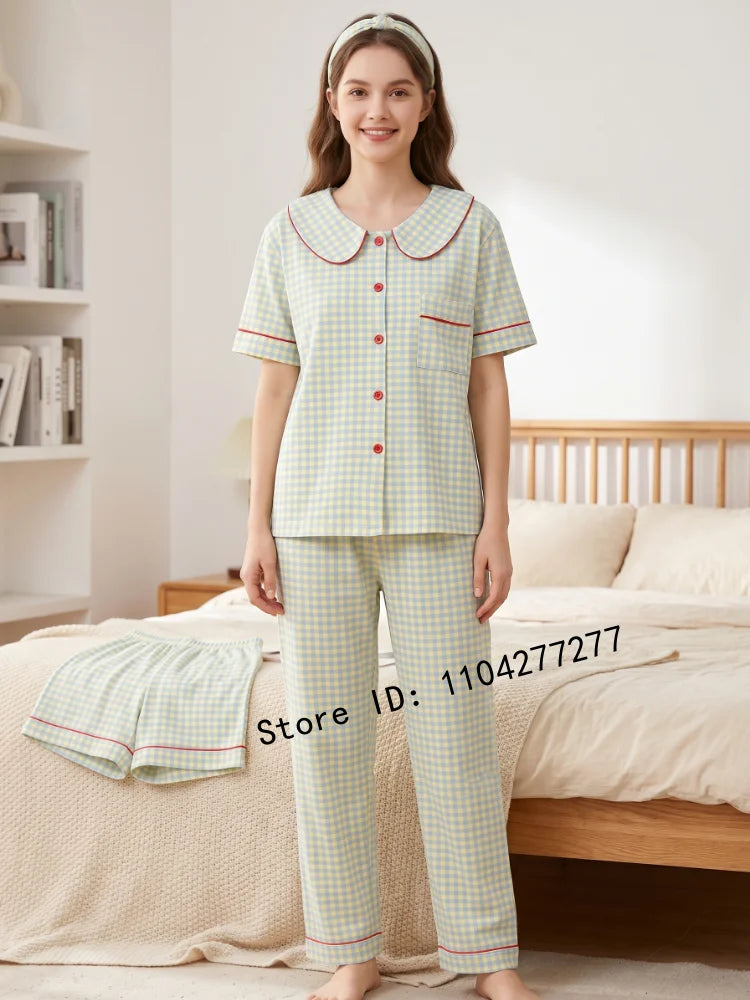 Three-Piece Women's Pajama Set, Plaid Button-Down Loungewear, Short Sleeve Cardigan Sleepwear, Casual Home Wear