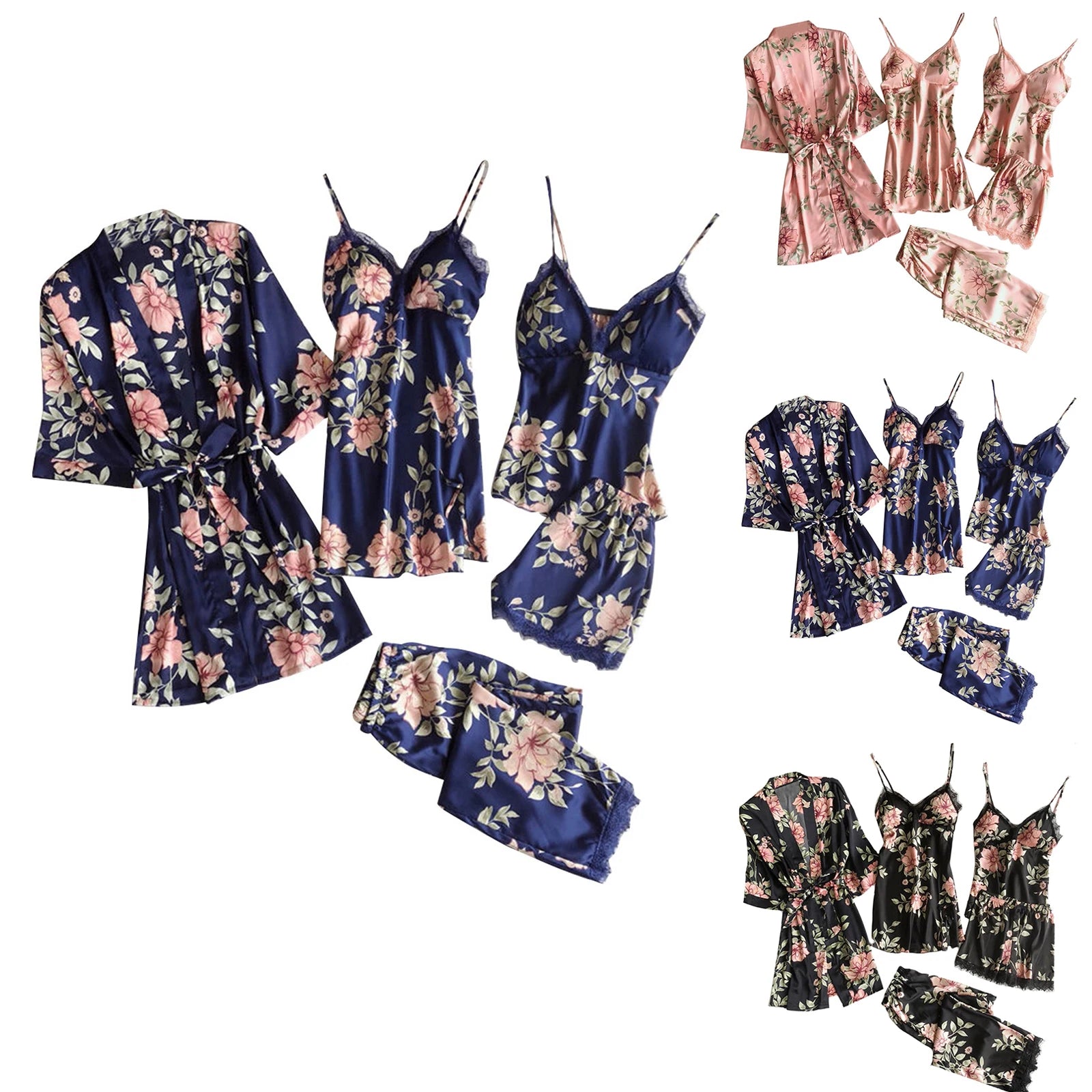 Women'S Printed Sleepwear Loose And Comfortable Lace Five Piece Set Sleeveless Camisole Nightdress Home Clothing Bathrobe