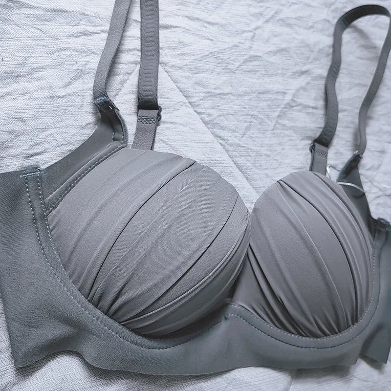 2024 New Pleated Bras Push Up Bra Small Chest No Steel Ring Wirelss Soft Bra Solid Color Sweet Seamless Bra