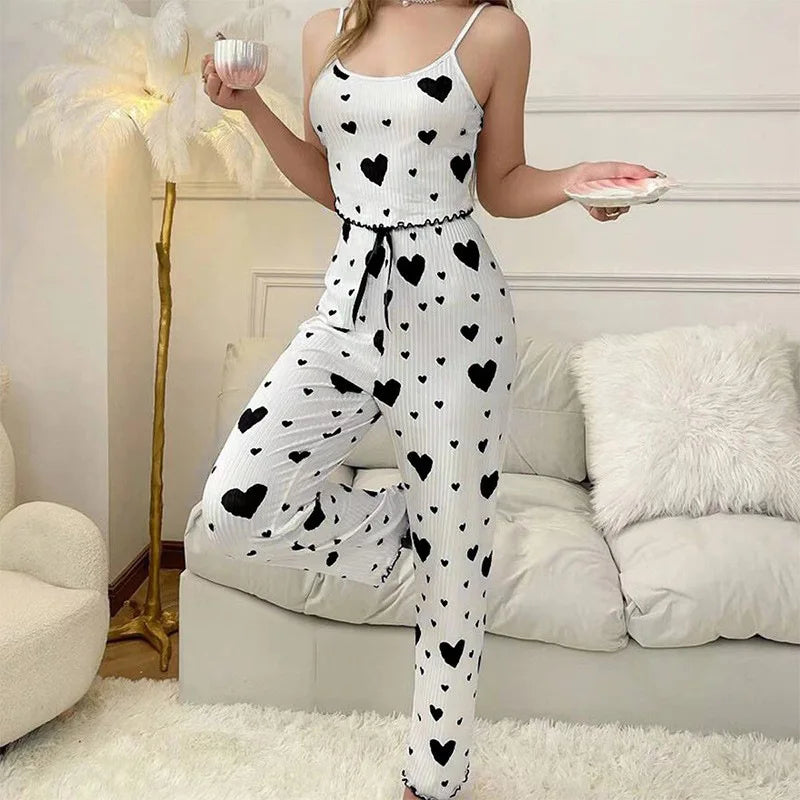 Women Sleepwear Heart Print Sleeveless Cami Vest with Long Pants Pajamas Set Lingerie