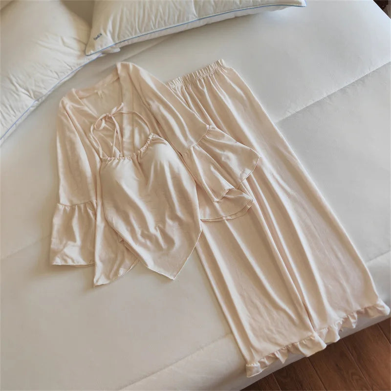 Pajama Set Woman New Chest Pad Sleepwear Ladies Night Wear Clothes Long Sleeve Trousers Suit Cotton Home Pijama De Mujer 3 Pcs