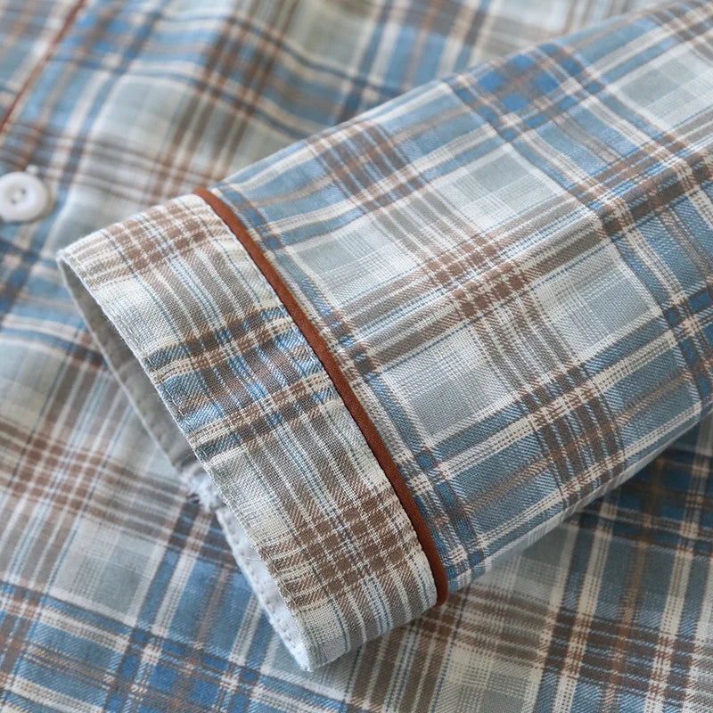 2026 Japanese New Men's Pajama Set Spring/Summer Checkered Simple Long sleeved Two Piece Set 100%Cotton Cardigan Home Furnishing
