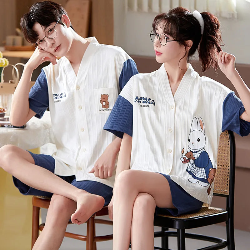 Summer Couple Pajamas Sets Cartoon Men Sleepwear Leisure Cotton Short Sleeve Women Kimono Homewear pijama Homme Mujer Dropship