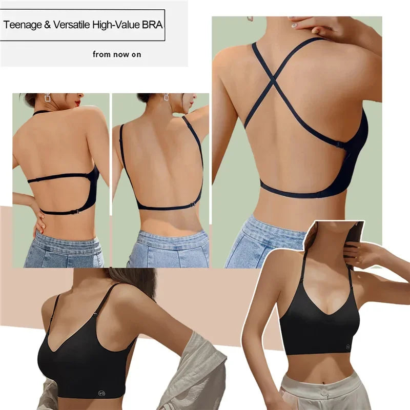 Women Invisible Bra Deep U Plunge Bras Backless Top for Dresses Sexy Lingerie with Transparent Strap Push Up Strapless Underwea