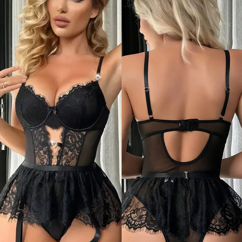 Hot Erotic Lingerie Sets See-Through Lace Underwear Sissy Bra Transparent Bilizna Sexy Costumes Garter Porn Sex Outfit