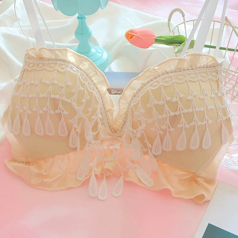 Teenage girl bra sweet cute small breast bras lace tassel princess wind lingerie large size push up women underwear