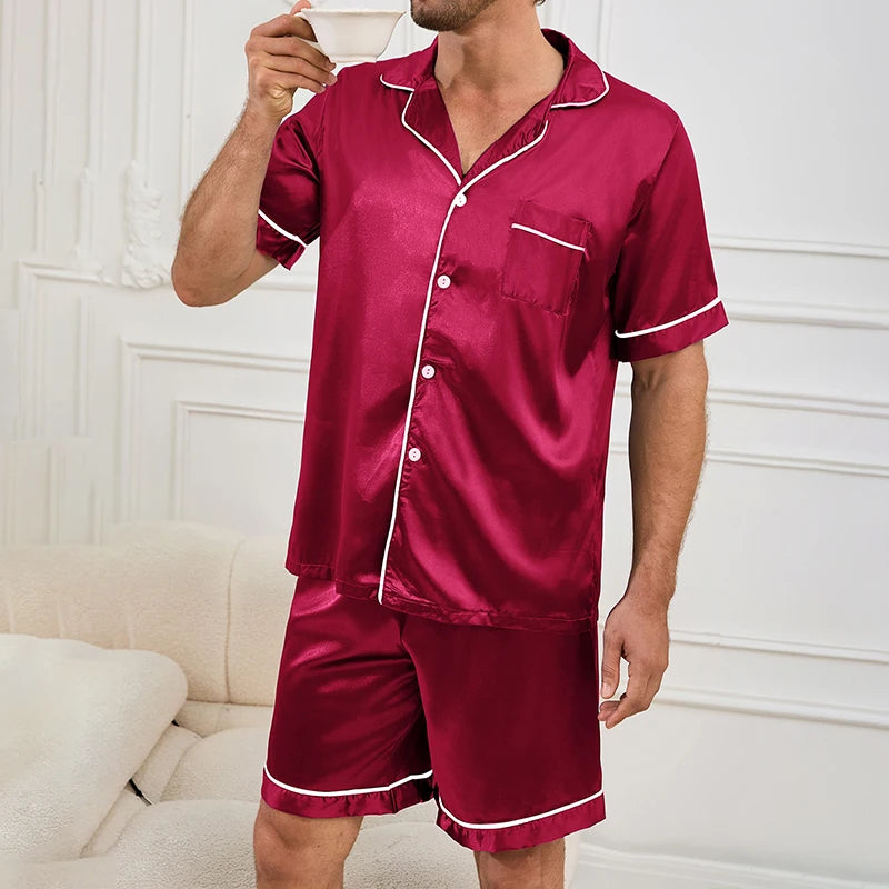 Men's Plaid Print Pajama Set Short Sleeve Lapel Top And Elastic Shorts Comfortable Perfect For Summer Sleepwear Loungewear Pjs