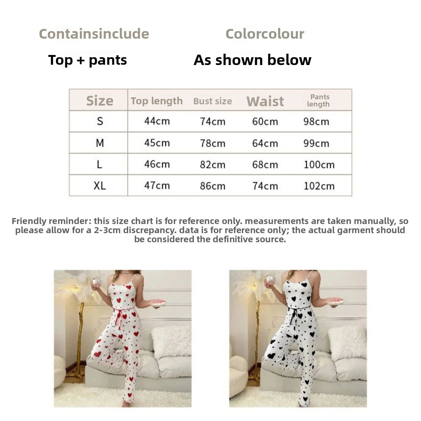 Women Sleepwear Heart Print Sleeveless Cami Vest with Long Pants Pajamas Set Lingerie