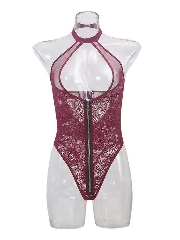 Plus Size Bodysuit Lace Overalls For Women Fitness Body Deep-V Lingerie mesh zipper Flower Embroidery Bodysuit charming  96UC