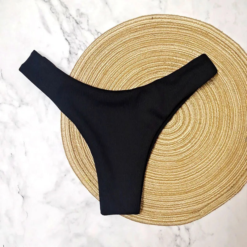 Brazilian Women's Low Waisted Thong Bikini Bottoms Solid Swimwear Red White Black Summer Push Up Bathing Suit for Beach Poolside