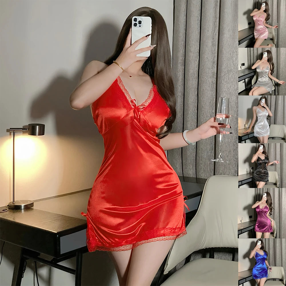 Sexy Lingerie for Women Satin Suspender Nightdress & Lace Teddy Bodysuit Sheer Thong Pajama Set  Bow Accents Slit Chemise