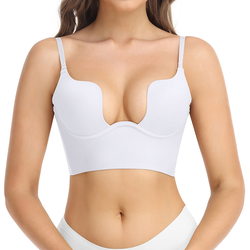 Seam-free Womens Low Cut Plunge Bra Wire Lifting Deep U Shaped Multi-Way Push Up Convertible Plunge Backless Sexy Bra