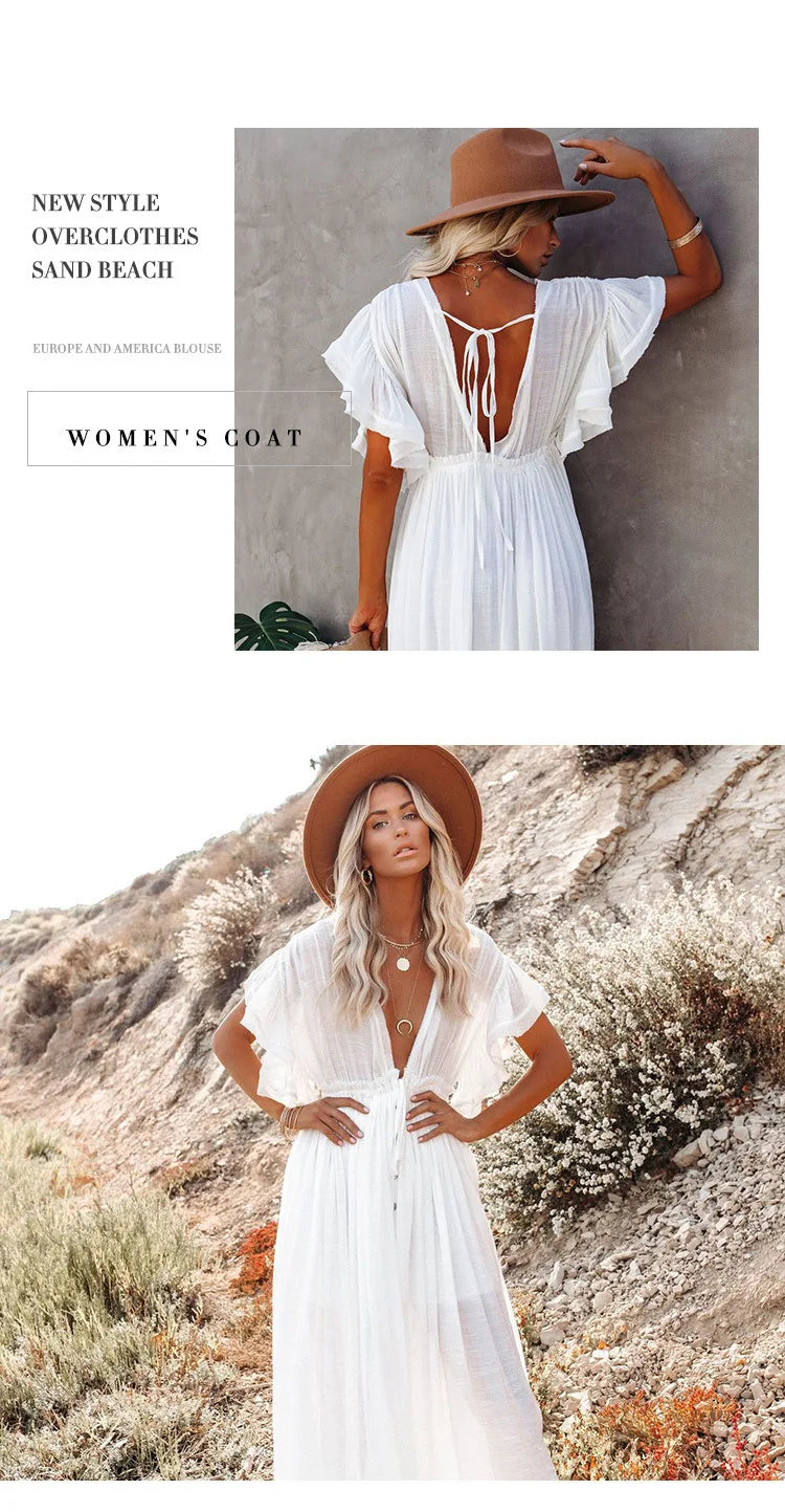 Sexy Bikini Cover-ups Long White Tunic Casual Summer Beach Dress Elegant Women Clothing Beach Wear Swim Suit Cover Up Q1982