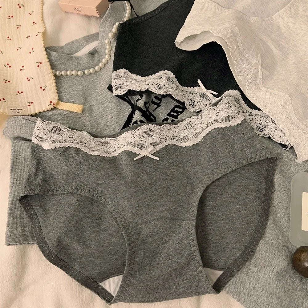 Lingerie Bow Lace Cotton Panties Transparent Seamless Underwear for Women Mid Waist Soft Floral Lace Briefs Spring Summer