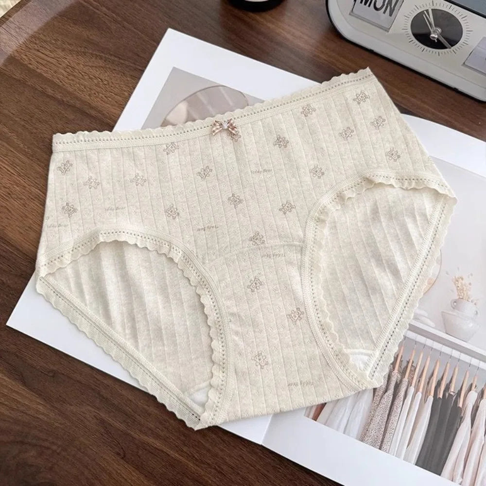 Lingerie Mid-waist Underwear for Women Bear Grid Sweet Floral Panties Underpants Bow Cotton Briefs Lady