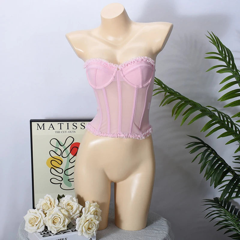 Women Sheer Lingerie Streetwear Lace-up Bustier Corset Tops Slim Backless y2k Tank Top Strapless Striped Sheath Sexy Camisole