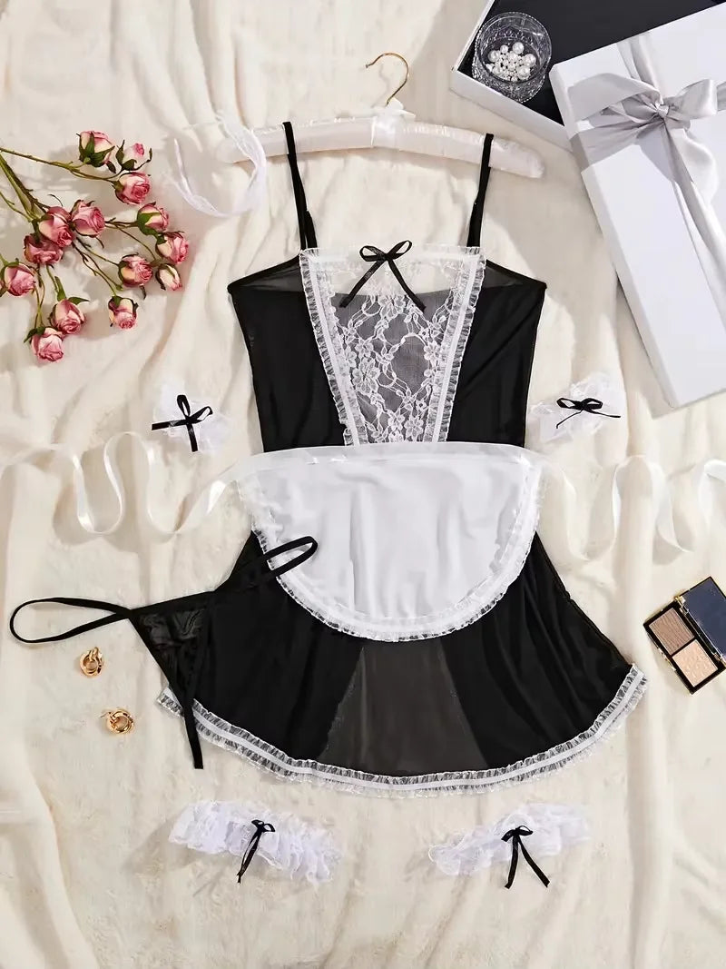Sexy Lingerie Women Cosplay Bra Set Hot Erotic Servant Lolita Costumes French Apron Maid Dress Porn Uniform Teddy Underwear Set