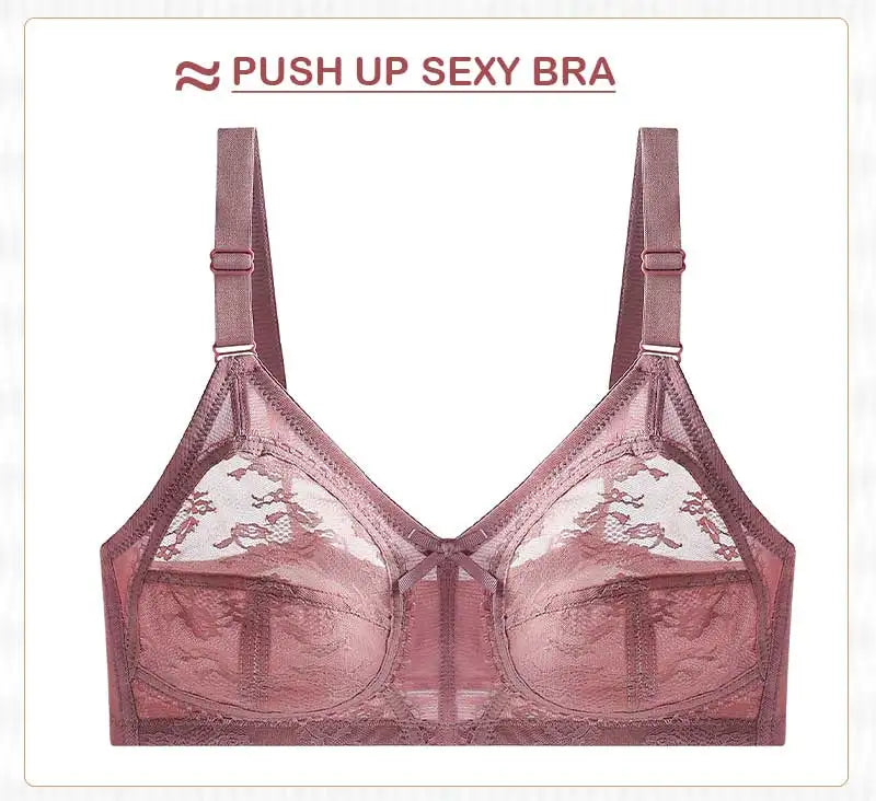 Women's Bra Lace Large Cup Ultra-thin No Sponge Transparent Push up Bras Wireless Sexy Underwear 34-46C Cup Bras