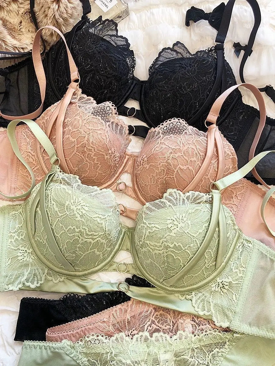 Sexy Lace Lingerie Set with Large Chest Gathered, Anti Sagging, And Adjustable Breasts, Comfortable Soft Steel Ring Bra Set